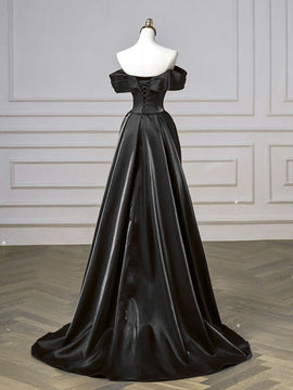 A-line Black Satin Off Shoulder Long Prom Dress, Sweetheart Lace-up Formal Dress