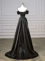 A-line Black Satin Off Shoulder Long Prom Dress, Sweetheart Lace-up Formal Dress