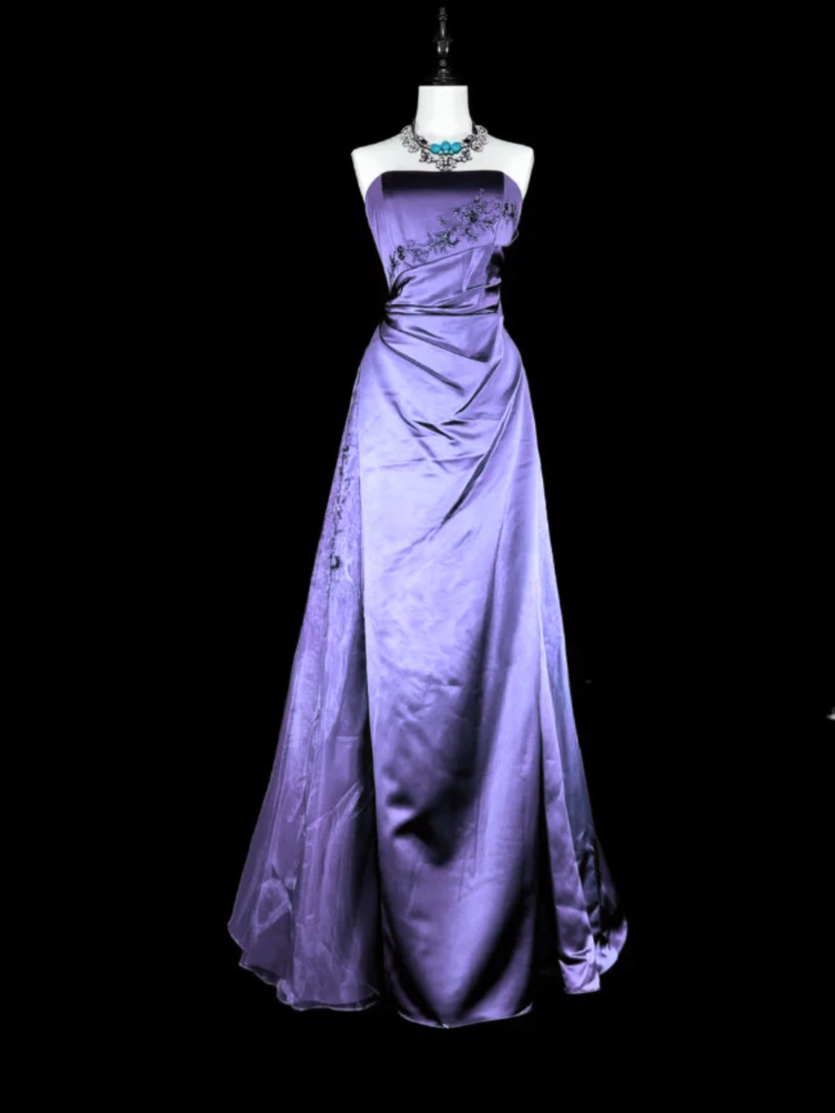 Purple Strapless Satin A-line Long Formal Dress Prom Dress, Purple Floor Length Evening Dress