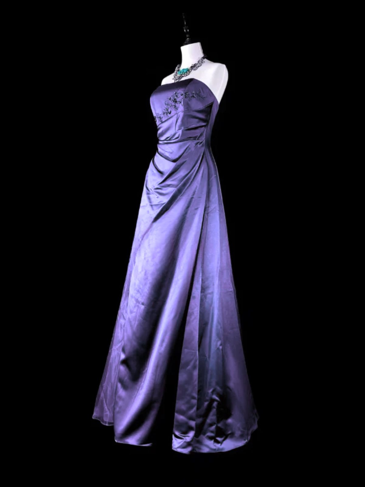 Purple Strapless Satin A-line Long Formal Dress Prom Dress, Purple Floor Length Evening Dress