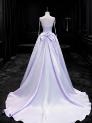Light Purple Satin Straps A-line Long Formal Dress, Light Purple Prom Dress with Bow