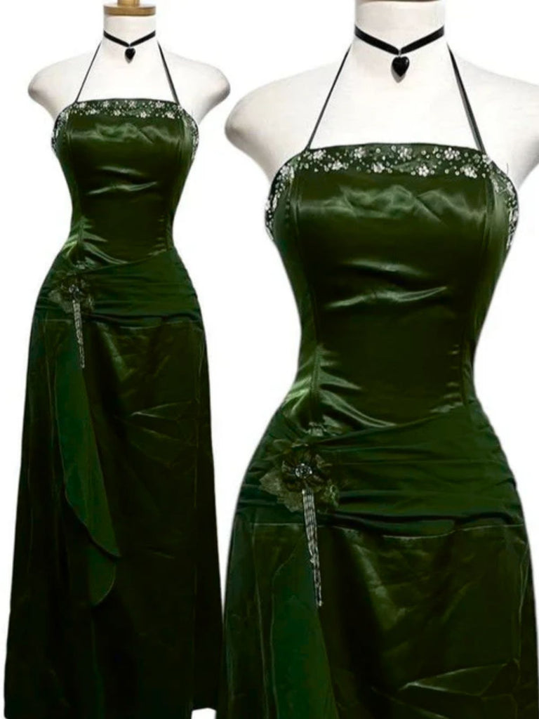 Green Satin A-line Beaded Halter Prom Dress, Green Scoop Long Party Dr