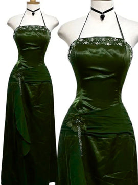 Green Satin A-line Beaded Halter Prom Dress, Green Scoop Long Party Dress