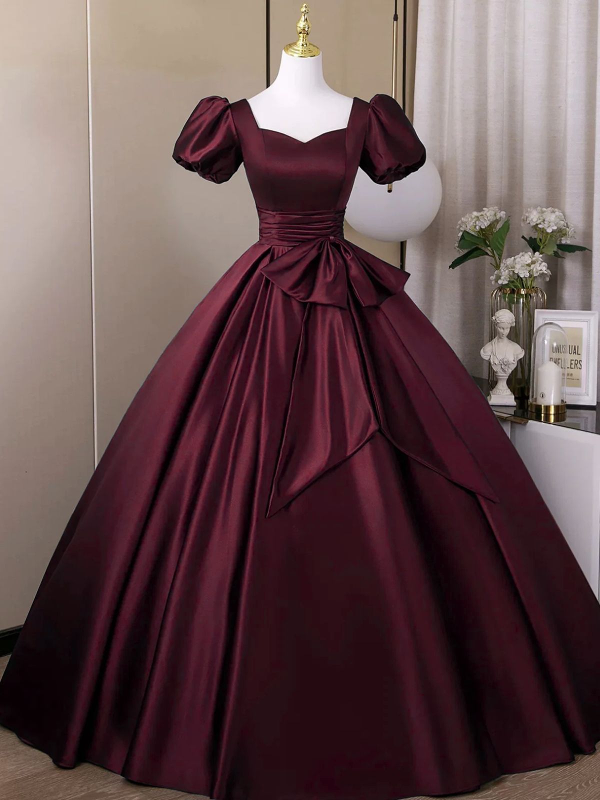 Wine Red Sweetheart Satin Long Formal Dress, Short Sleeves Wine Red Prom Dress
