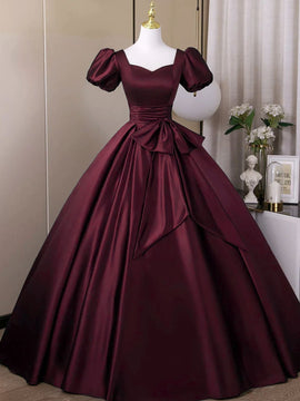 Wine Red Sweetheart Satin Long Formal Dress, Short Sleeves Wine Red Prom Dress