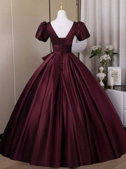 Wine Red Sweetheart Satin Long Formal Dress, Short Sleeves Wine Red Prom Dress
