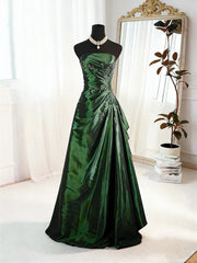 Green Satin A-line Beaded Strapless Prom Dress, Green Satin Long Evening Dress Formal Dress