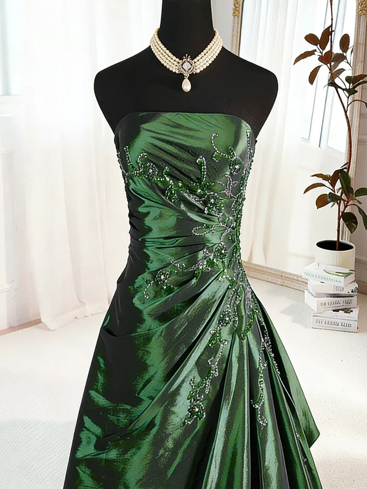 Green Satin A-line Beaded Strapless Prom Dress, Green Satin Long Evening Dress Formal Dress