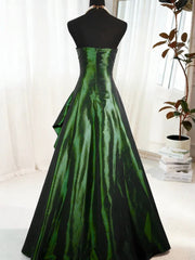 Green Satin A-line Beaded Strapless Prom Dress, Green Satin Long Evening Dress Formal Dress