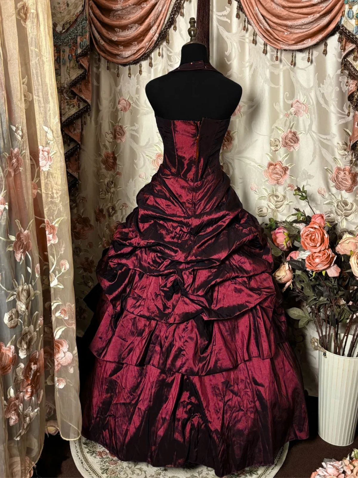 Wine Red Taffeta Strapless Layers Long Formal Dress, Wine Red Long Prom Dress Party Dress