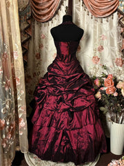 Wine Red Taffeta Strapless Layers Long Formal Dress, Wine Red Long Prom Dress Party Dress