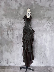 Black Gothic High Low Party Dress Prom Dress, Black Satin Chic Formal Dress