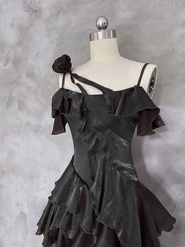 Black Gothic High Low Party Dress Prom Dress, Black Satin Chic Formal Dress