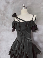 Black Gothic High Low Party Dress Prom Dress, Black Satin Chic Formal Dress