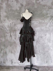 Black Gothic High Low Party Dress Prom Dress, Black Satin Chic Formal Dress