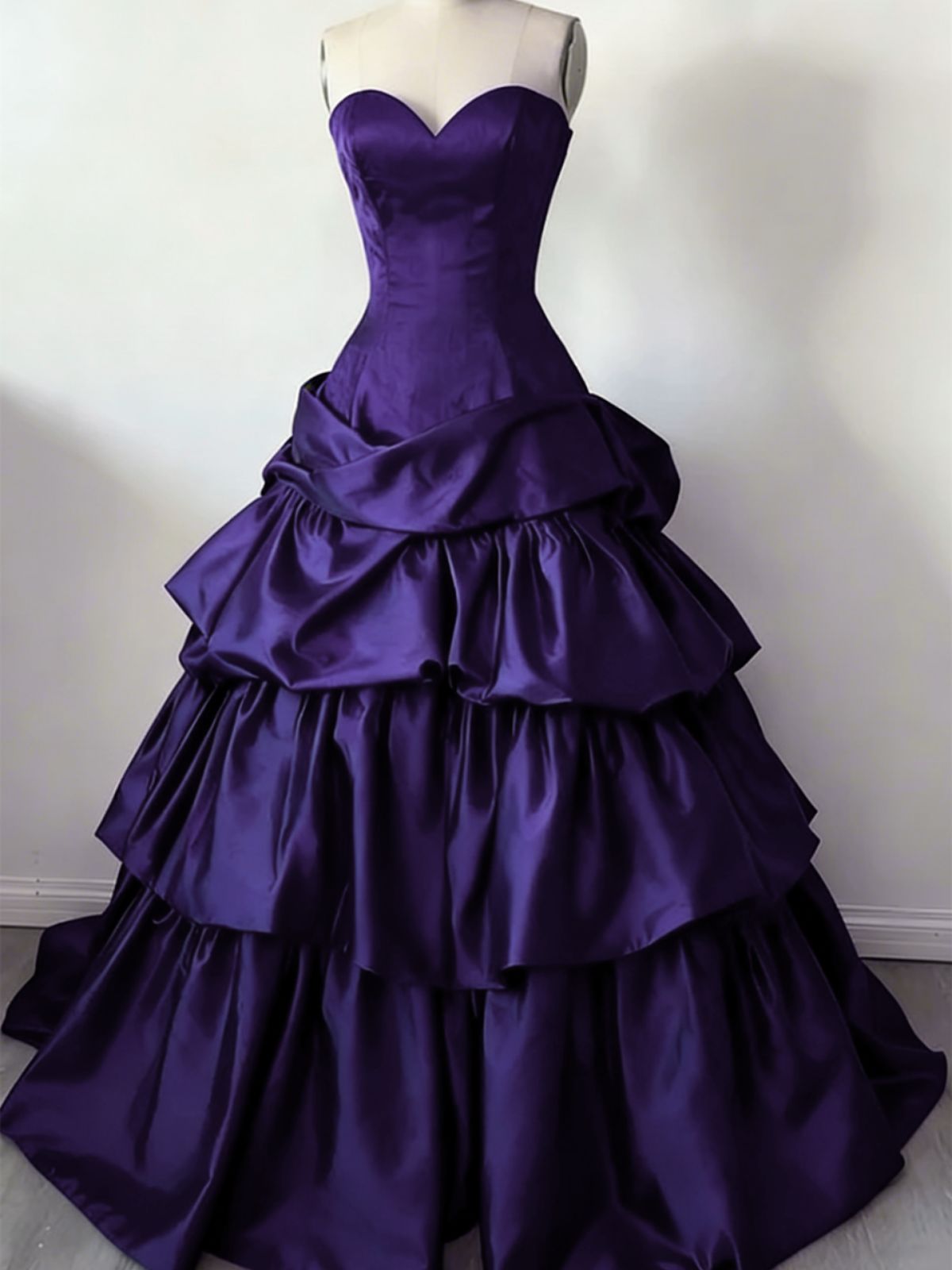 Purple Satin Sweetheart Layers Strapless Prom Dress, Purple Long Formal Dress Party Dress