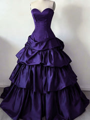 Purple Satin Sweetheart Layers Strapless Prom Dress, Purple Long Formal Dress Party Dress