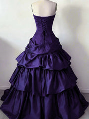 Purple Satin Sweetheart Layers Strapless Prom Dress, Purple Long Formal Dress Party Dress