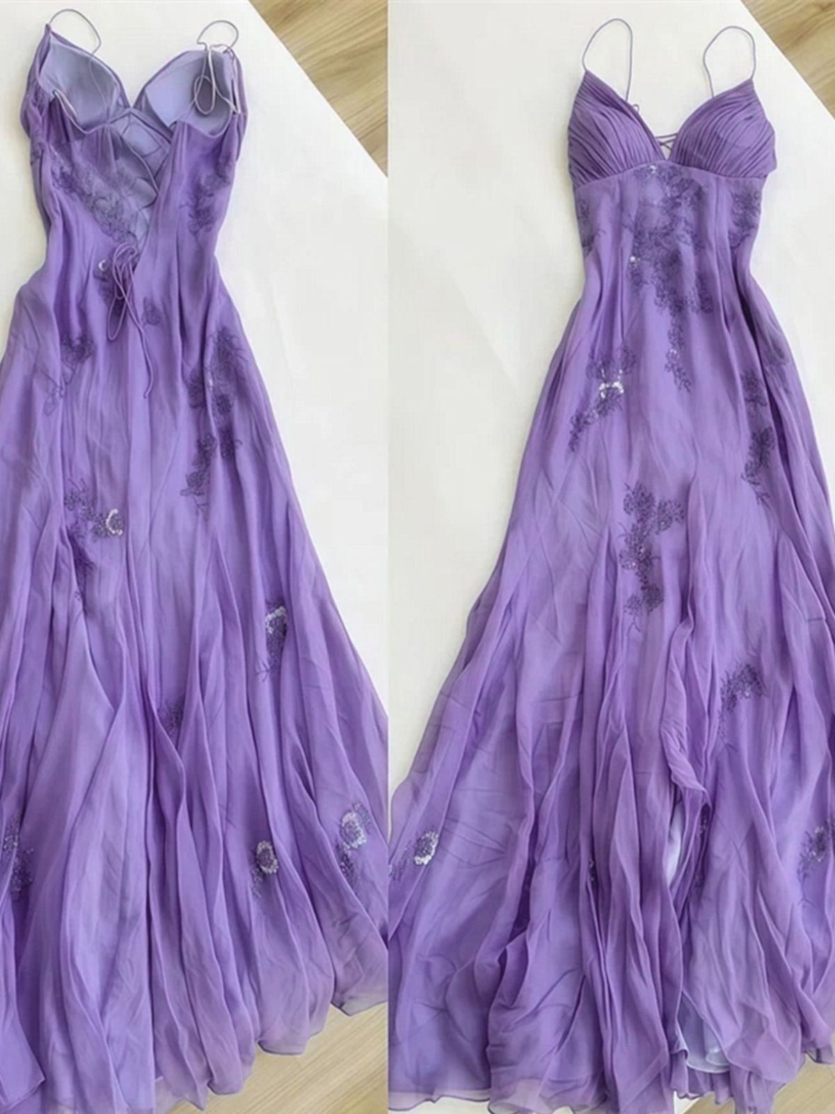 Elegant Light Purple Chiffon Maxi Spaghetti Strap Party Dress,  Pleated Bust Backless Formal Gown Prom Dress