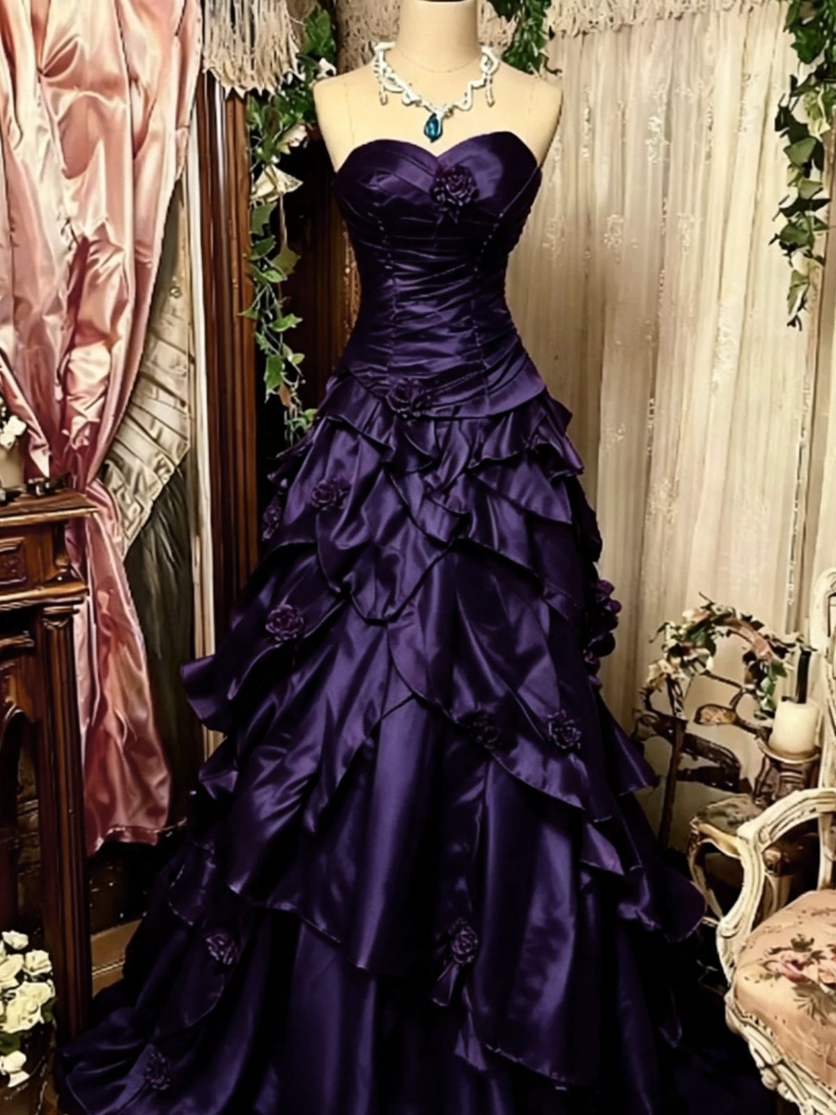 Elegant Purple Strapless Ball Gown Ruffled Prom Dress, Taffeta Corset Party Dress with Flowers