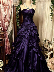 Elegant Purple Strapless Ball Gown Ruffled Prom Dress, Taffeta Corset Party Dress with Flowers