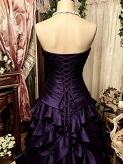 Elegant Purple Strapless Ball Gown Ruffled Prom Dress, Taffeta Corset Party Dress with Flowers
