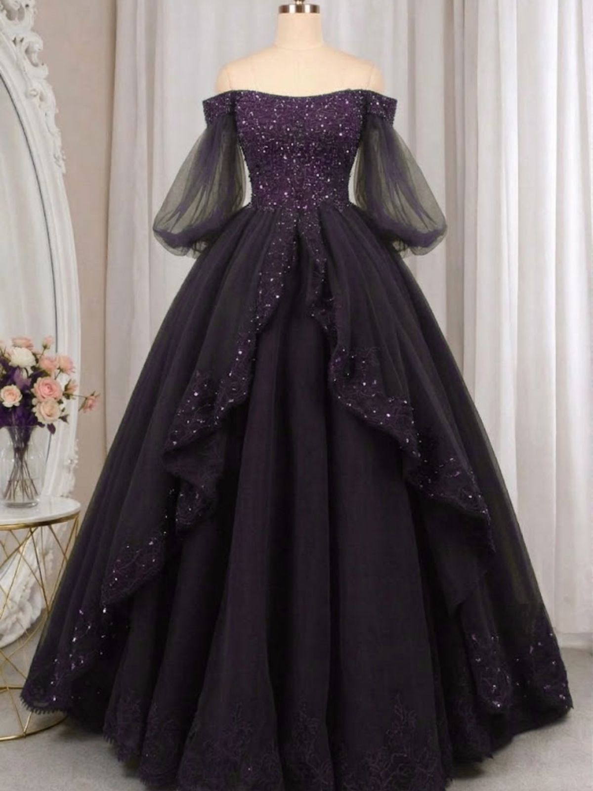 Dark Purple Tulle Beaded Ball Gown Prom Dress, Dark Purple Puffy Sleeves Long Party Dress