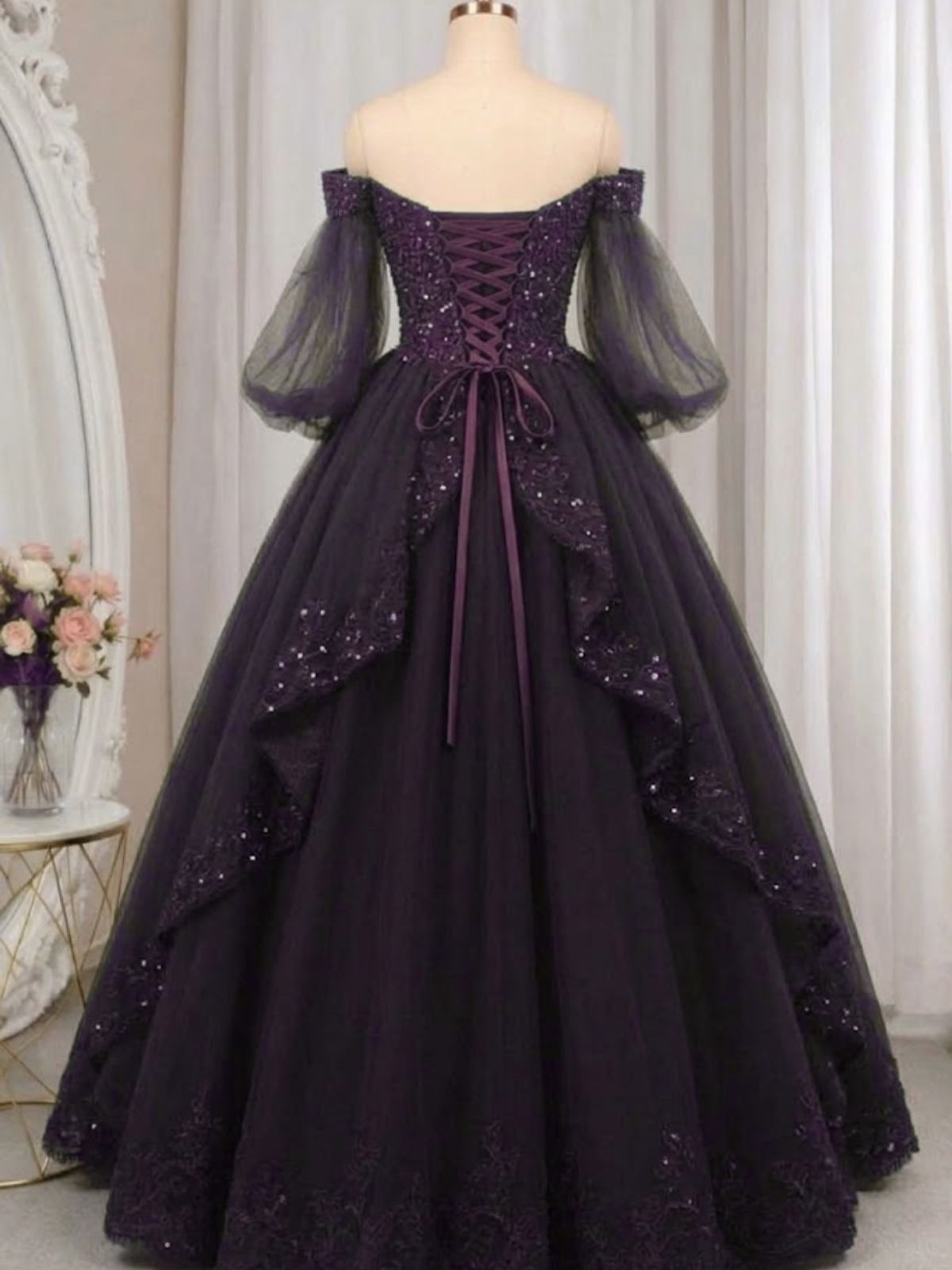 Dark Purple Tulle Beaded Ball Gown Prom Dress, Dark Purple Puffy Sleeves Long Party Dress