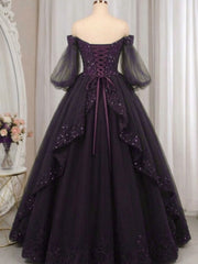 Dark Purple Tulle Beaded Ball Gown Prom Dress, Dark Purple Puffy Sleeves Long Party Dress
