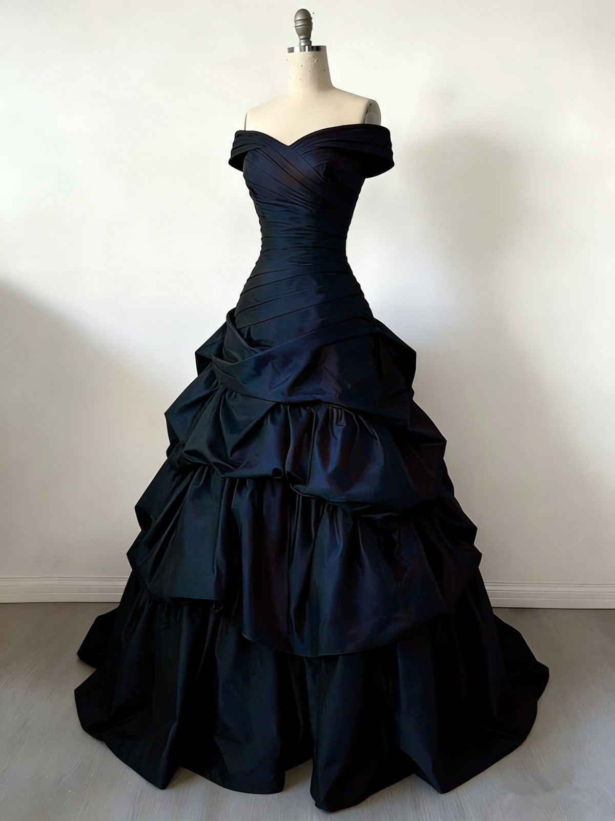 Navy Blue Sweetheart Off Shoulder Tiered Prom Dress, Navy Blue Gothic Formal Dress