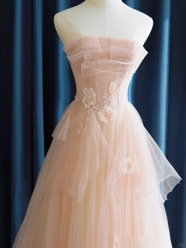 Cute Pink  Strapless Tulle Long Formal Dress with Flowers, Pink Tulle Prom Dress