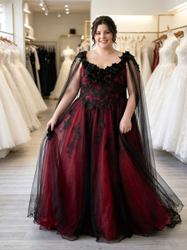 Gothic Black and Red Wedding Dress with Caped Sleeves, Gorgeous Tulle Long Formal Gowns