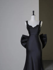Black Satin Sweetheart Beaded Low Back Party Dress, Black Satin Evening Dress Prom Dress