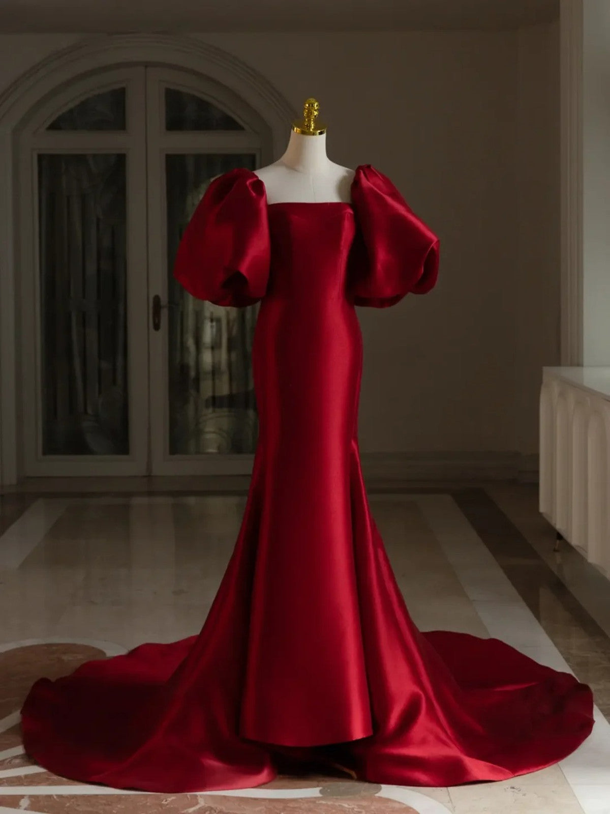 Glam Satin Puffy Short Sleeves Long Evening Dress, Wine Red Satin Prom Dress