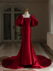Glam Satin Puffy Short Sleeves Long Evening Dress, Wine Red Satin Prom Dress