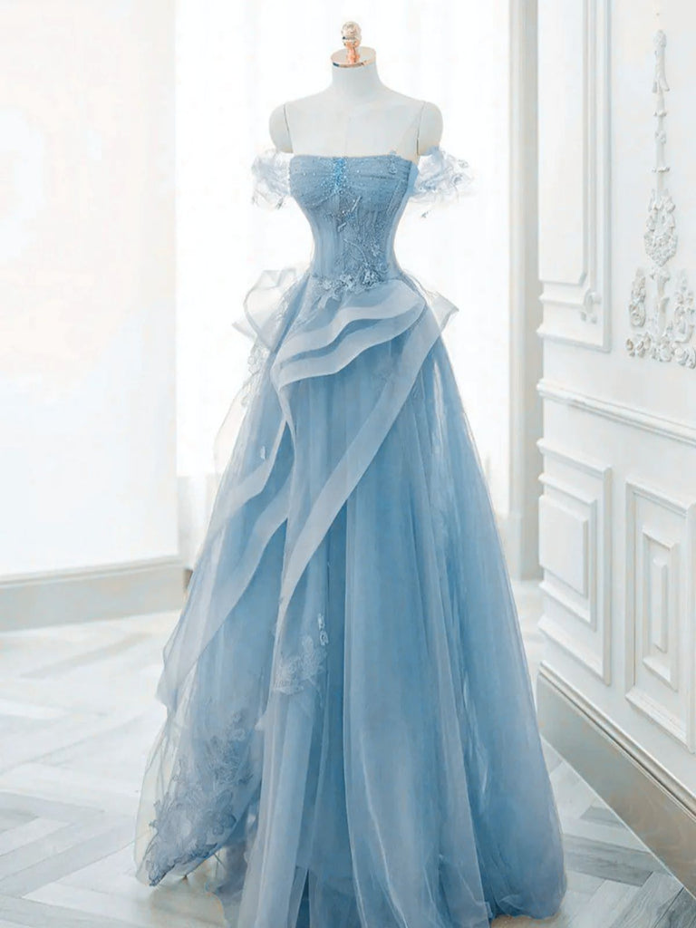 A-line Light Blue Tulle with Lace Applique Floor Length Evening Dress