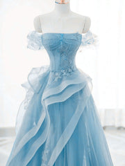 A-line Light Blue Tulle with Lace Applique Floor Length Evening Dress, Light Blue Tulle Prom Dress