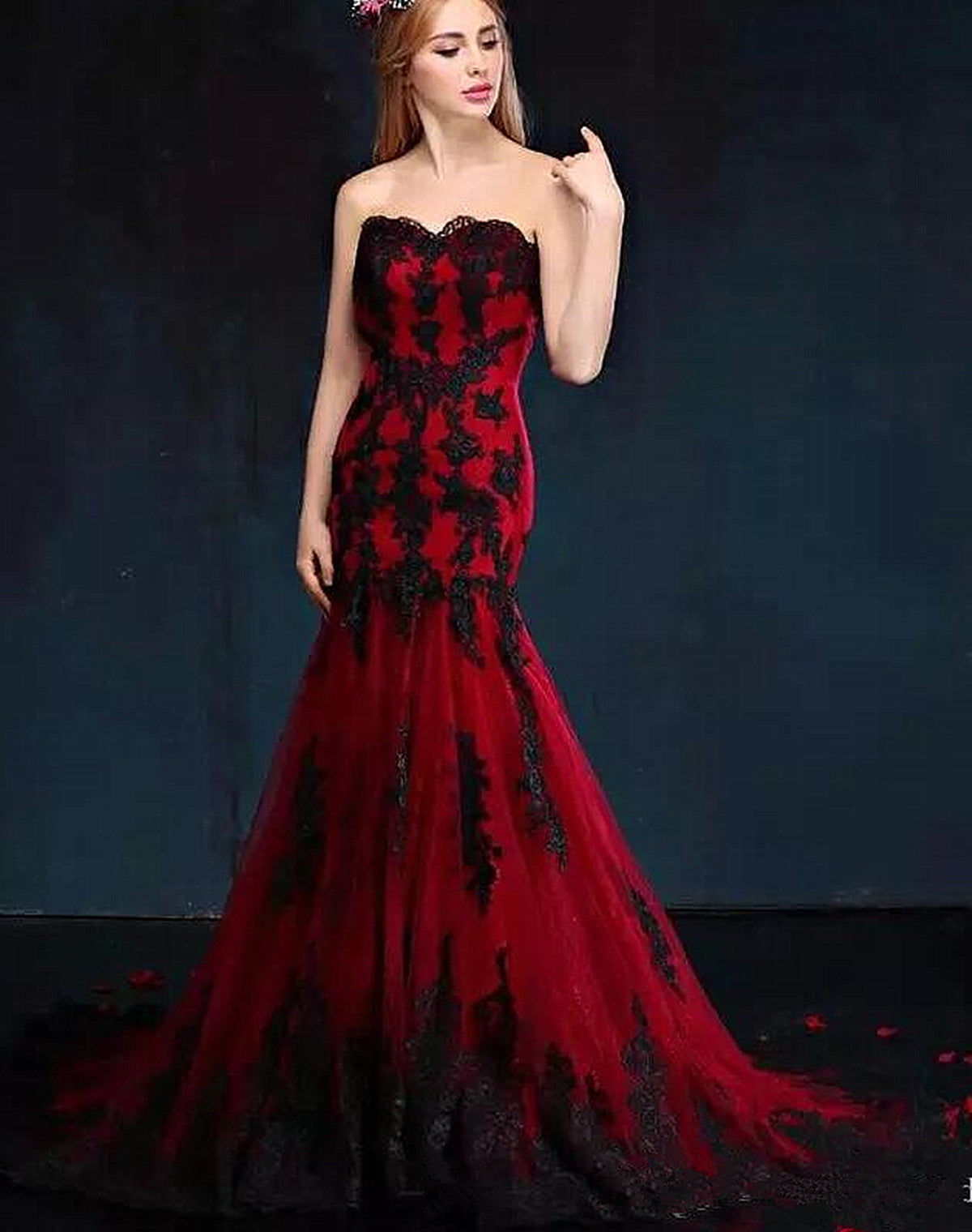 Wine Red Mermaid Sweetheart with Black Lace Party Dress, Wine Red Long Prom Dress
