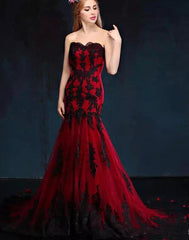 Wine Red Mermaid Sweetheart with Black Lace Party Dress, Wine Red Long Prom Dress