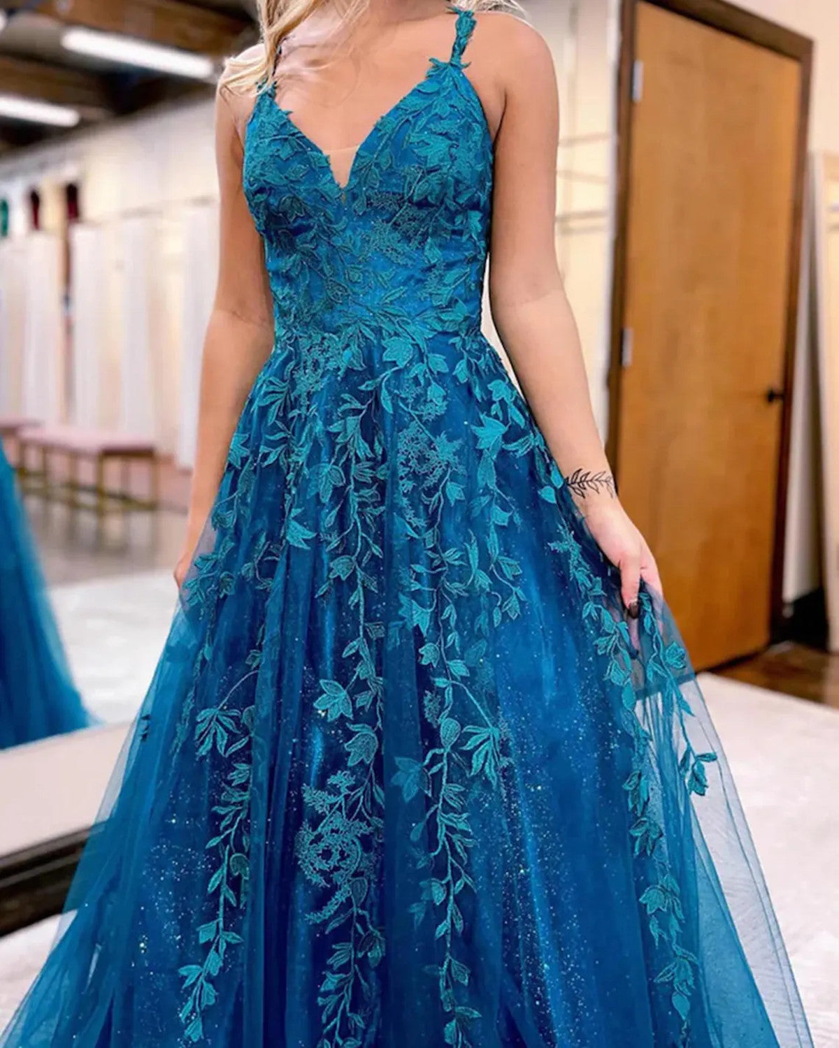 Blue Tulle with Lace Applique Straps Low Back Party Dress, Blue Prom Dress