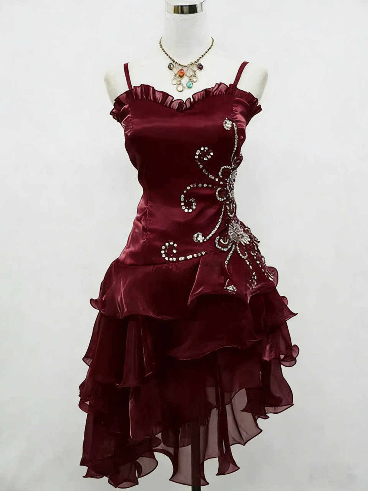 Wine Red Organza Beaded Layers Straps Party Dress, Sweetheart Short Homecoming Dress