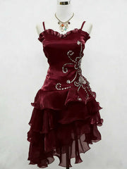 Wine Red Organza Beaded Layers Straps Party Dress, Sweetheart Short Homecoming Dress