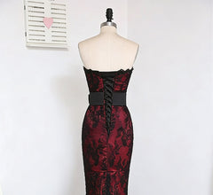 Black and Red Satin with Lace Mermaid Prom Dress, Vintage Style Long Party Dress