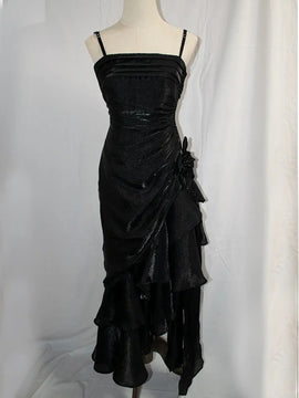Black Satin High Low Straps Party Dress, Black High Low Prom Dress Evening Dress