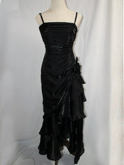 Black Satin High Low Straps Party Dress, Black High Low Prom Dress Evening Dress