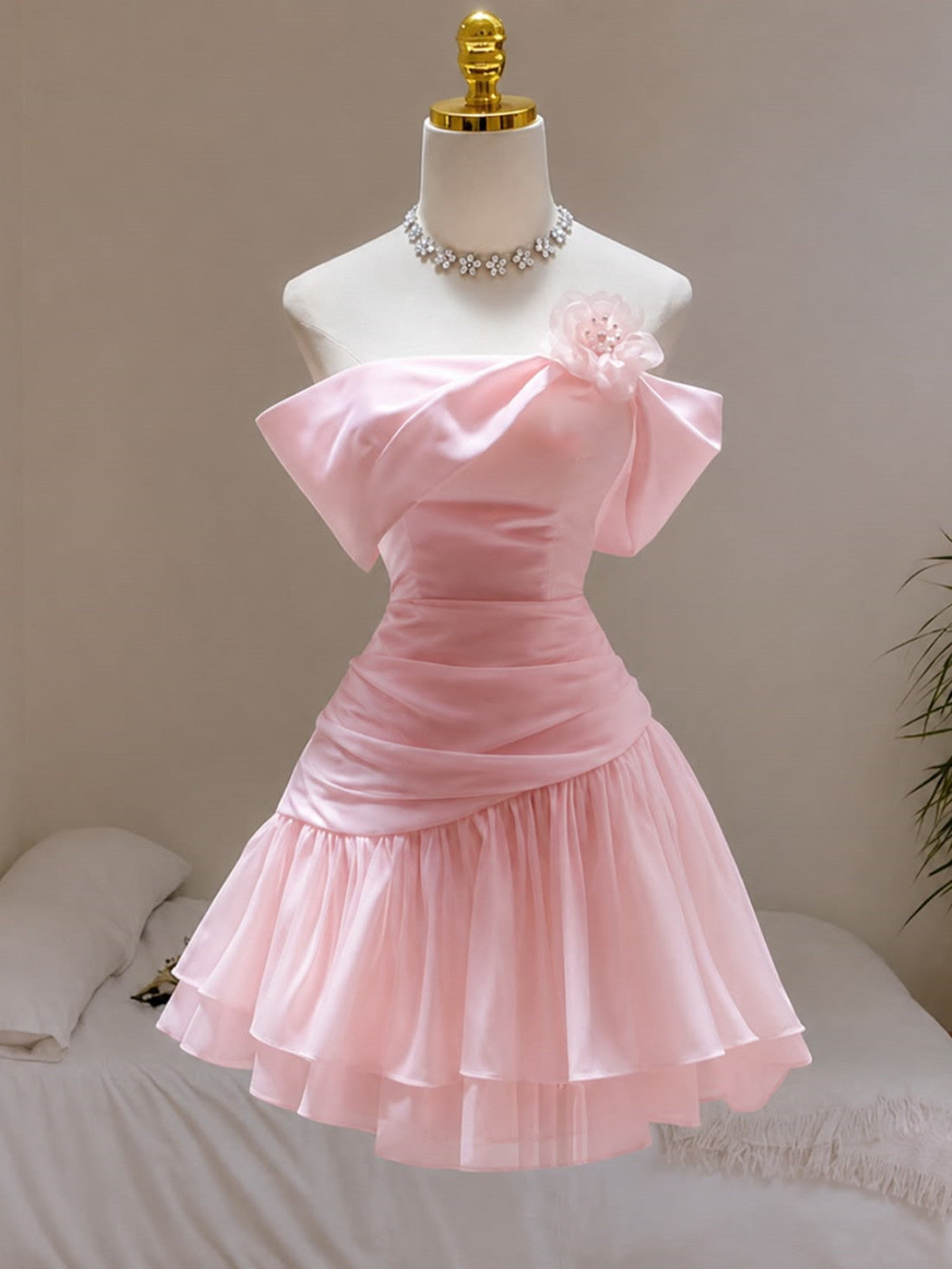 Pink Off Shoulder Mini Homecoming Dress Party Dress, Pink Strapless Short Formal Dress