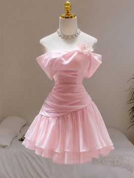 Pink Off Shoulder Mini Homecoming Dress Party Dress, Pink Strapless Short Formal Dress