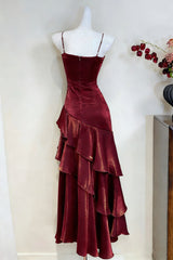Wine Red Satin Ruched Prom Dress,Spaghetti Straps Tiered Party Dress Evening Dress