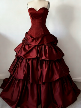 Chic Elegant Wine Red Tiered Satin Prom Dress, Ruffle Ball Gown Long Sweet 16 Dress