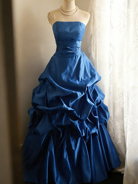 Elegant Blue Strapless Taffeta Prom Dress,Blue Elegant Long Formal Dress Evening Dress
